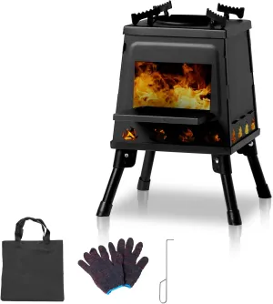 Wood Burning Camp Stove, Detachable Portable Cast Iron Camping Wood Stove for Picnic Hunting Fishing BBQ Backpacking Hiking Survival Heating Emergency Outdoor Cooking with Grill Grid Carry Bag