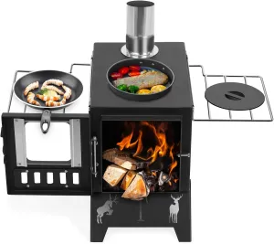 Wood Burning Stove for Camping, 1 Barbecue Grill, Folding Portable Wood Stove for Cooking, BBQ, Tent, Hiking, Travel Black