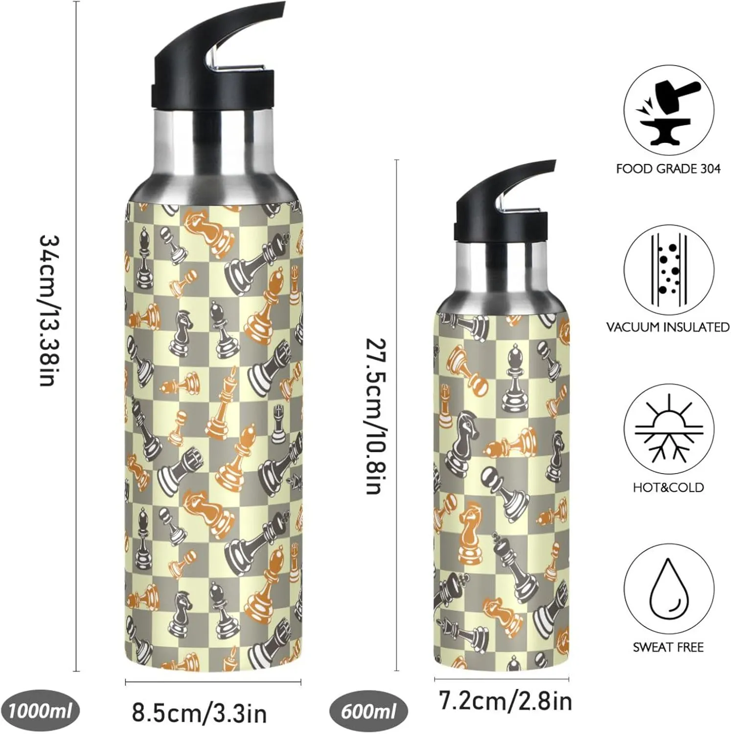 Wusikd Chess Water Bottle with Straw Lid Double Wall Thermos Bottle Vacuum Insulated Flask Stainless Steel Water Bottle for Gym Outdoor 20 OZ