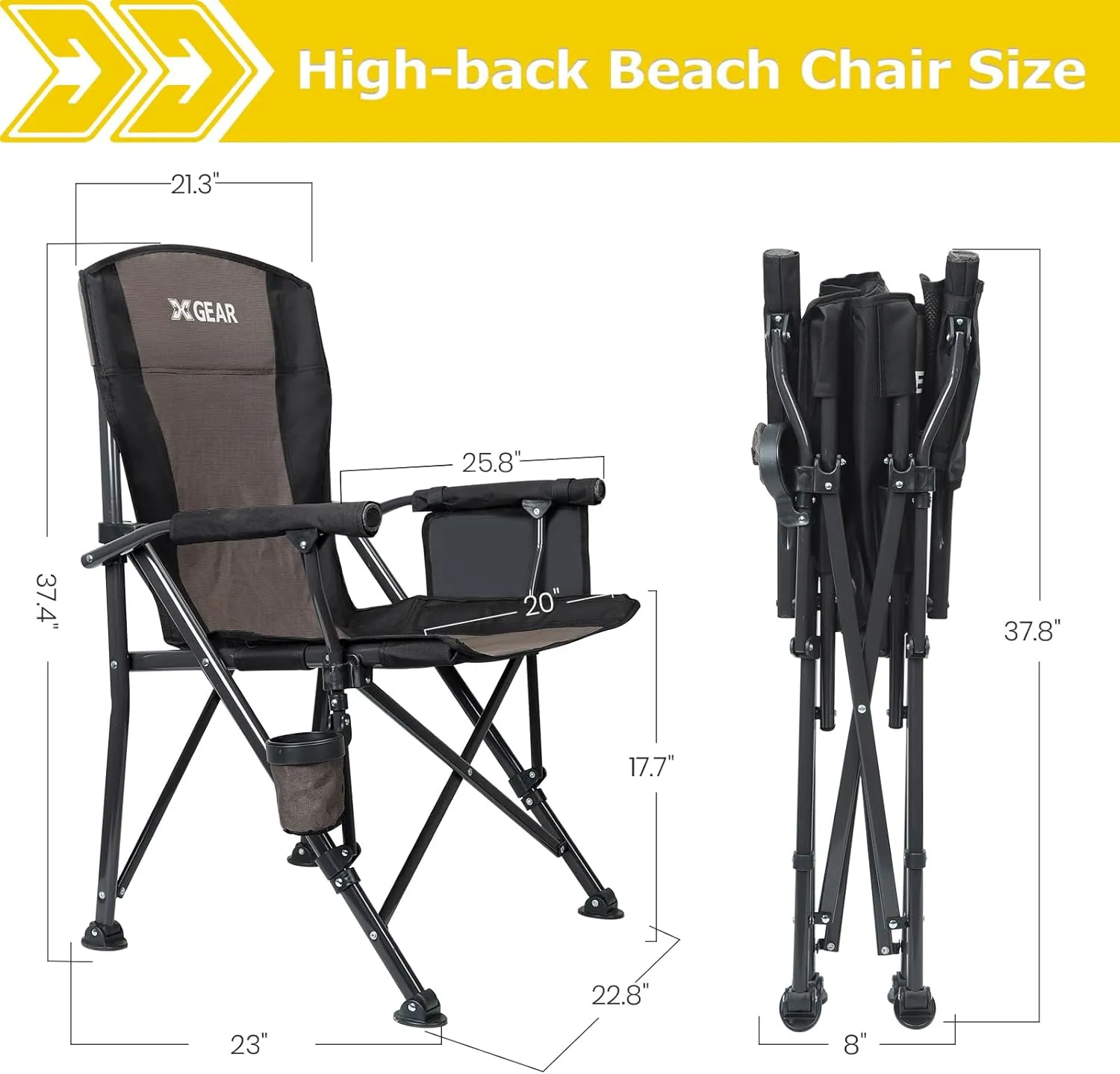 XGEAR 2-Pack Portable Camping Chair for Adutls - Heavy Duty Outdoor Camp Chairs - Folding Lawn Chair with Padded Hard Armrest Cup Holder Storage Pocket - Collapsible for Outdoor Fishing Garden