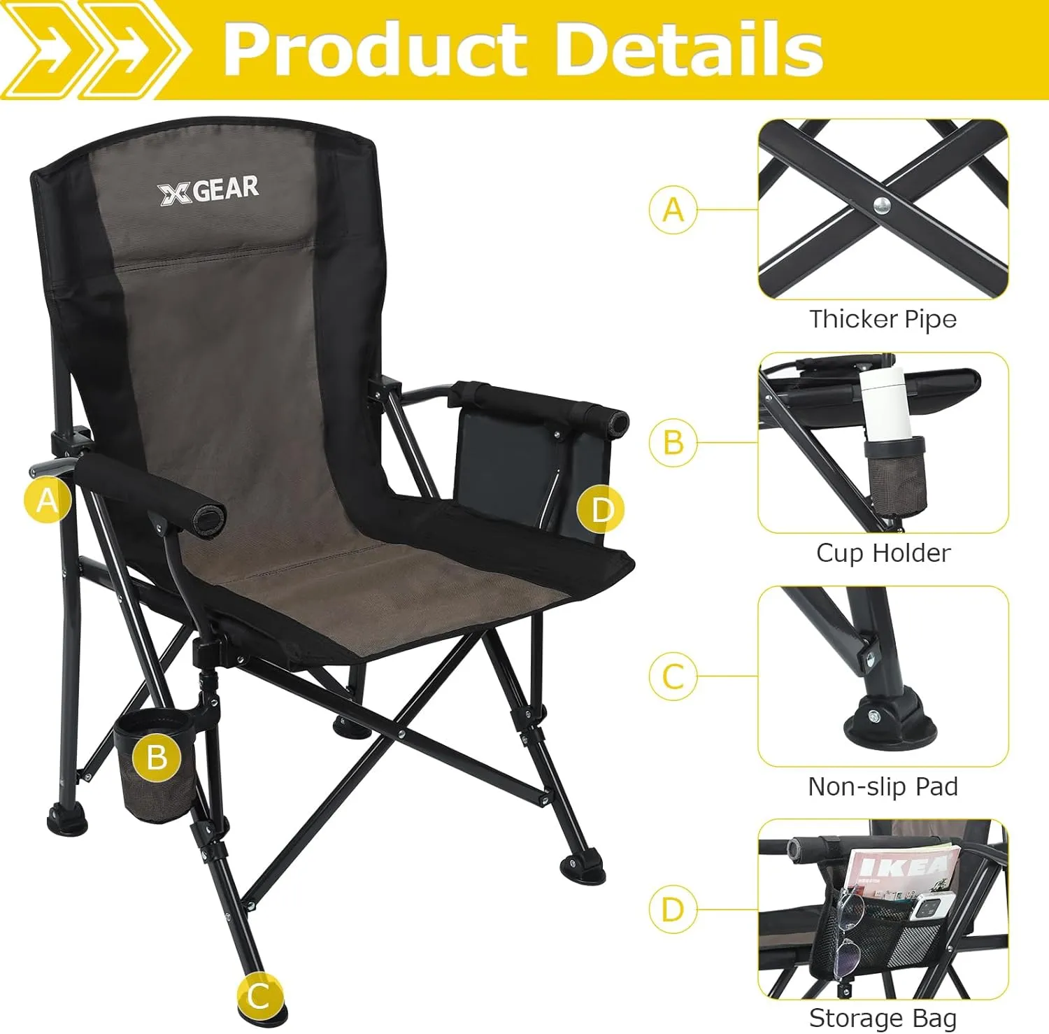 XGEAR 2-Pack Portable Camping Chair for Adutls - Heavy Duty Outdoor Camp Chairs - Folding Lawn Chair with Padded Hard Armrest Cup Holder Storage Pocket - Collapsible for Outdoor Fishing Garden
