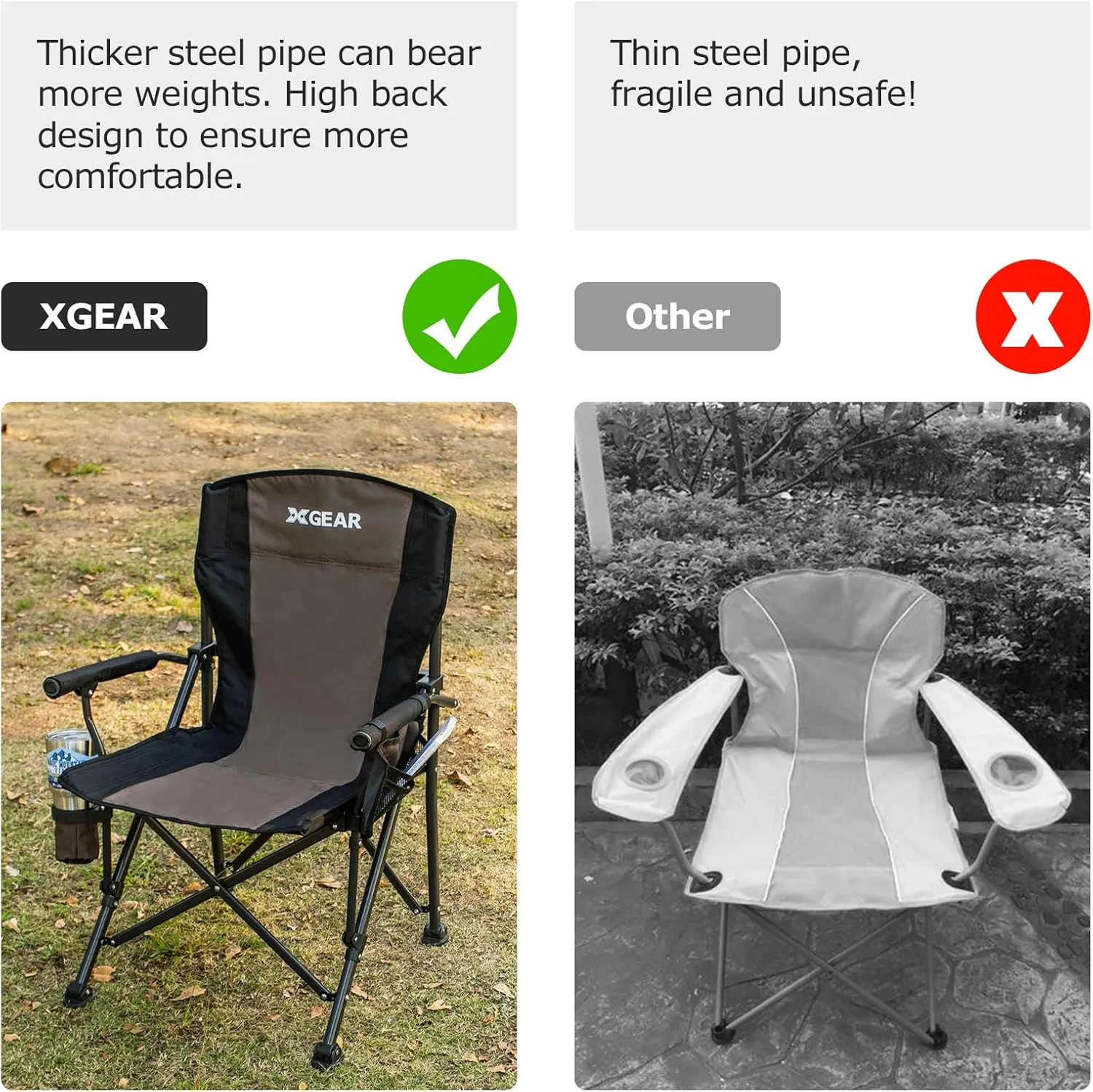 XGEAR 2-Pack Portable Camping Chair for Adutls - Heavy Duty Outdoor Camp Chairs - Folding Lawn Chair with Padded Hard Armrest Cup Holder Storage Pocket - Collapsible for Outdoor Fishing Garden