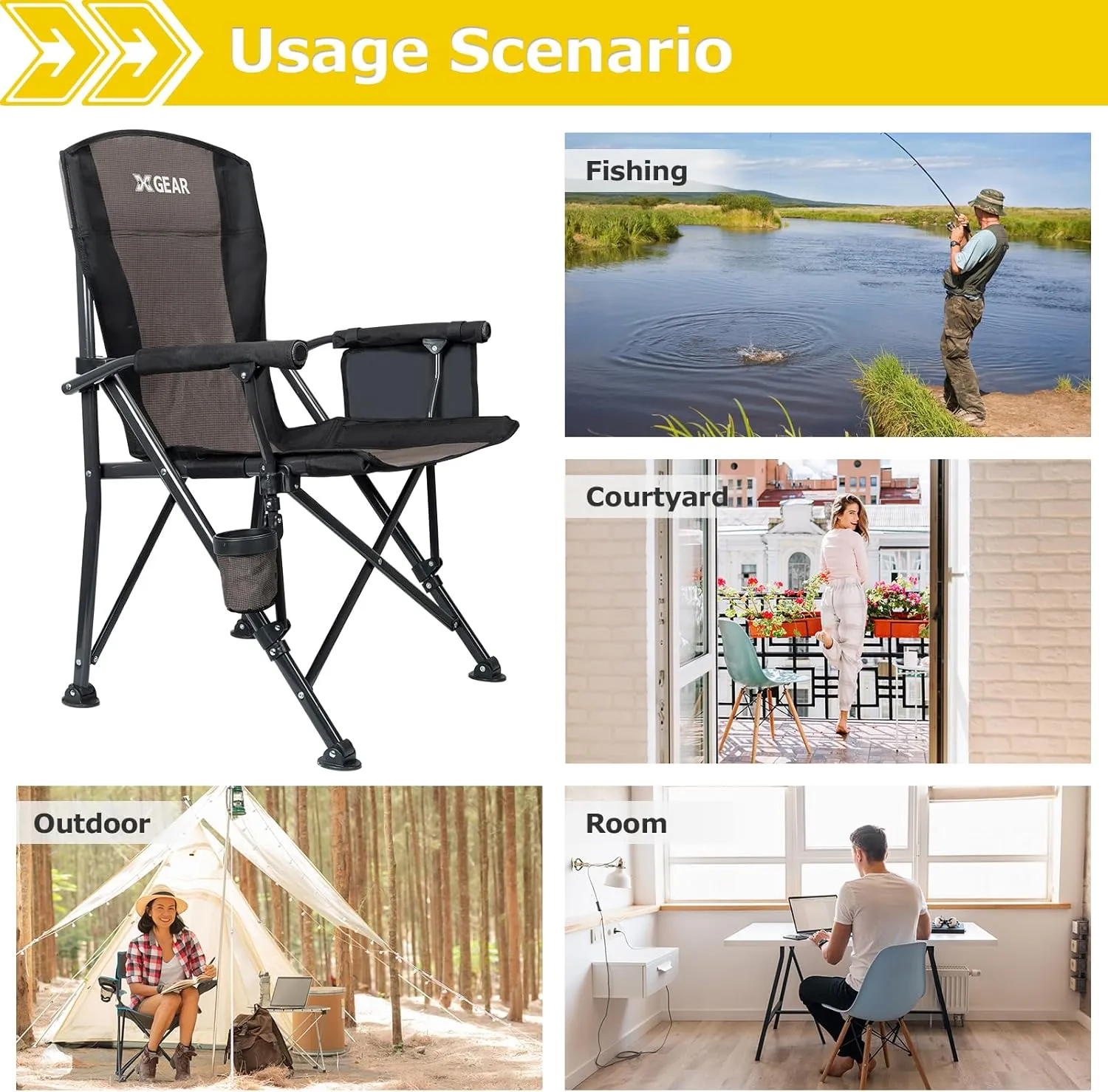 XGEAR 2-Pack Portable Camping Chair for Adutls - Heavy Duty Outdoor Camp Chairs - Folding Lawn Chair with Padded Hard Armrest Cup Holder Storage Pocket - Collapsible for Outdoor Fishing Garden