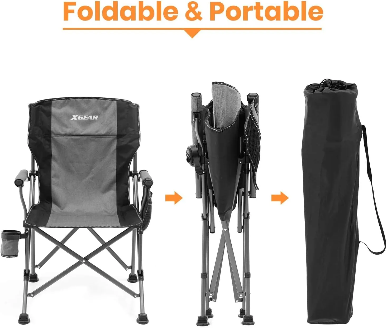 XGEAR Camping Chair with Padded Hard Armrest, Sturdy Folding Camp Chair with Cup Holder, Storage Pockets Carry Bag Included, Support to 400 lbs