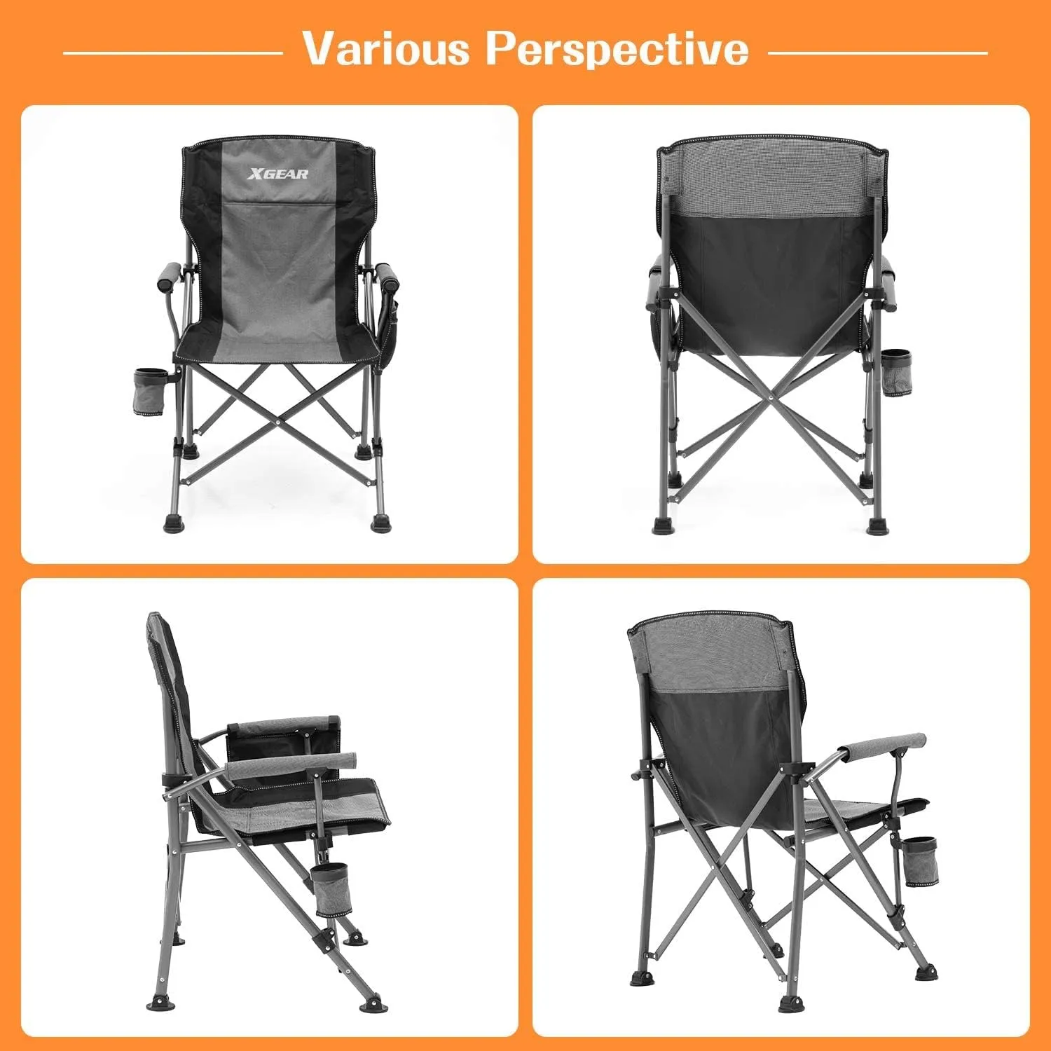 XGEAR Camping Chair with Padded Hard Armrest, Sturdy Folding Camp Chair with Cup Holder, Storage Pockets Carry Bag Included, Support to 400 lbs