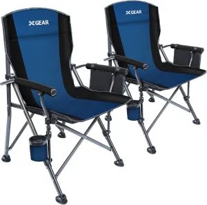 XGEAR Portable Camping Chairs for Adults with Padded Hard Armrest, Sturdy Folding Camping Chair with Cup Holder, Storage Pockets Carry Bag Included, Support to 300 lbs(2PCS/Blue)