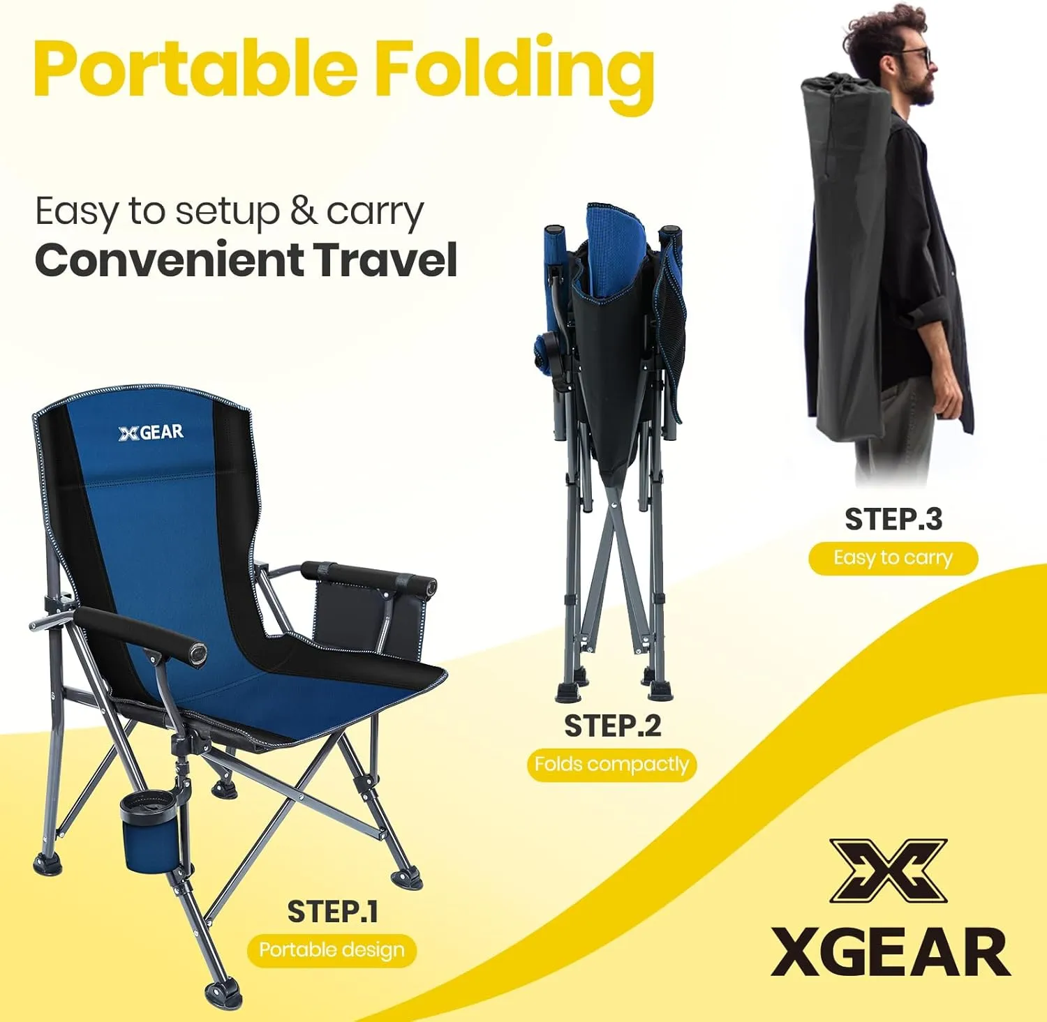XGEAR Portable Camping Chairs for Adults with Padded Hard Armrest, Sturdy Folding Camping Chair with Cup Holder, Storage Pockets Carry Bag Included, Support to 300 lbs(2PCS/Blue)