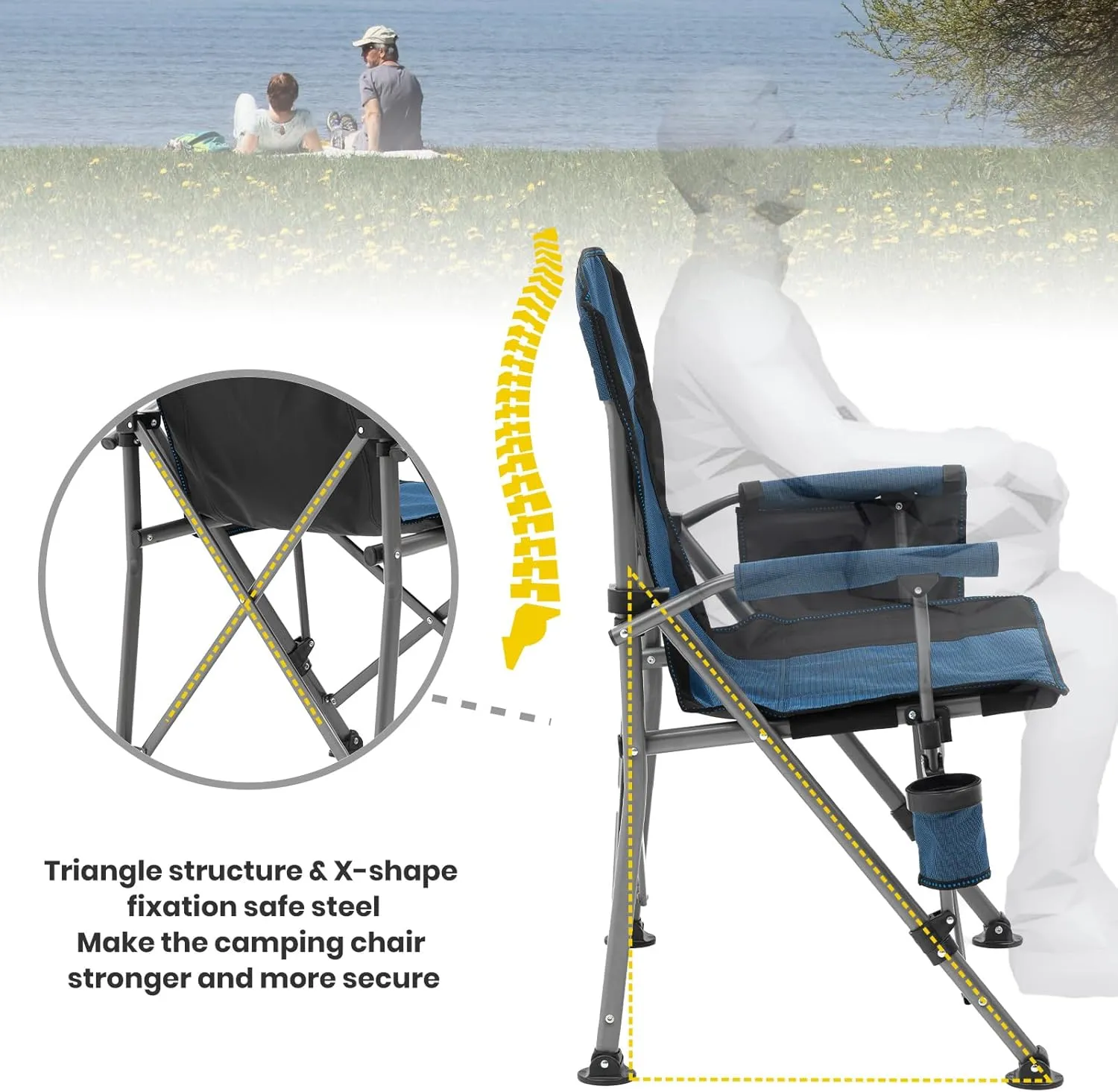 XGEAR Portable Camping Chairs for Adults with Padded Hard Armrest, Sturdy Folding Camping Chair with Cup Holder, Storage Pockets Carry Bag Included, Support to 300 lbs(2PCS/Blue)