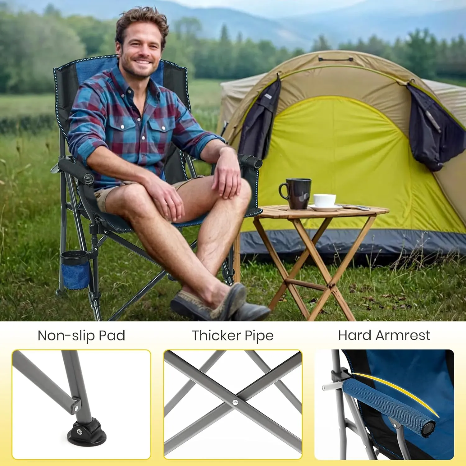 XGEAR Portable Camping Chairs for Adults with Padded Hard Armrest, Sturdy Folding Camping Chair with Cup Holder, Storage Pockets Carry Bag Included, Support to 300 lbs(2PCS/Blue)