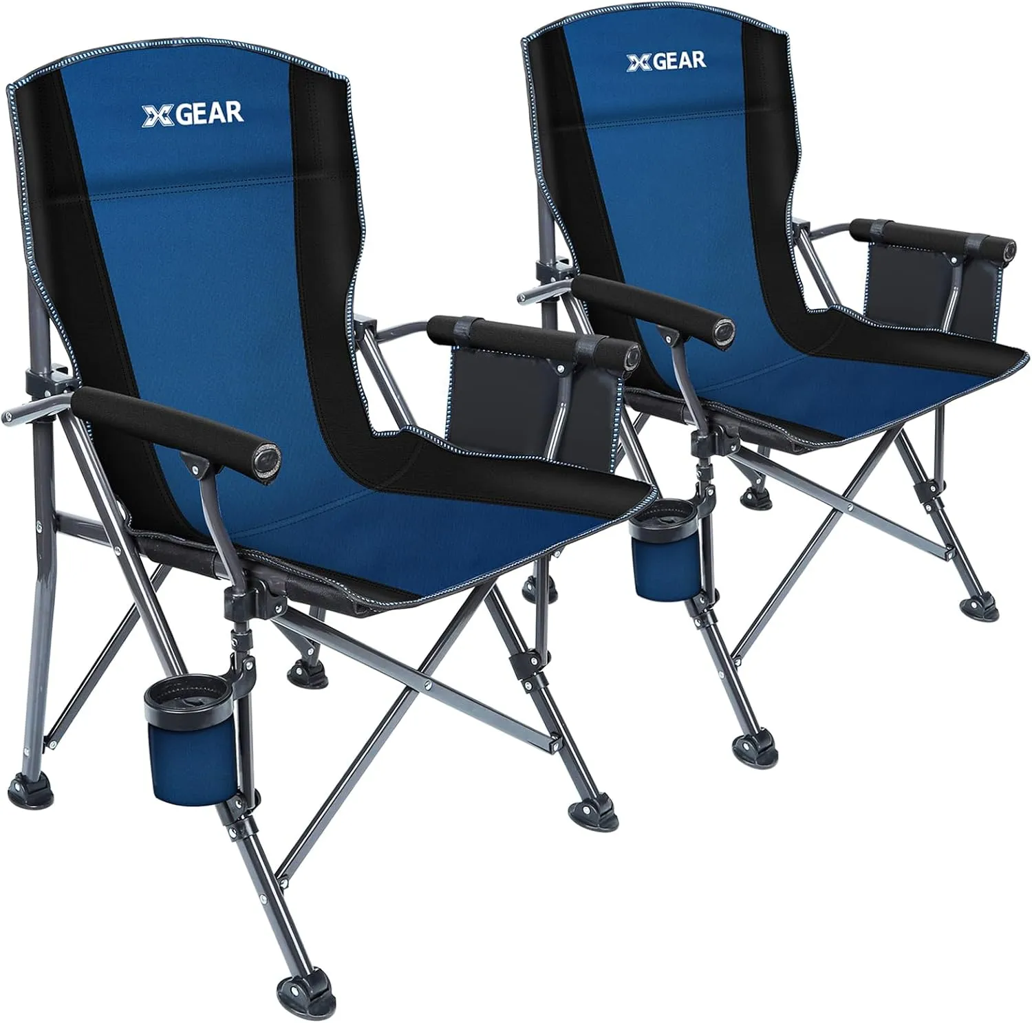 XGEAR Portable Camping Chairs for Adults with Padded Hard Armrest, Sturdy Folding Camping Chair with Cup Holder, Storage Pockets Carry Bag Included, Support to 300 lbs(2PCS/Blue)
