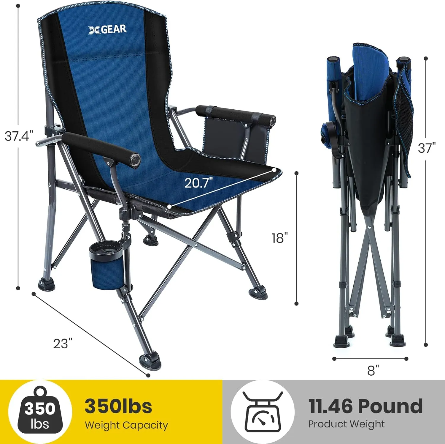 XGEAR Portable Camping Chairs for Adults with Padded Hard Armrest, Sturdy Folding Camping Chair with Cup Holder, Storage Pockets Carry Bag Included, Support to 300 lbs(2PCS/Blue)