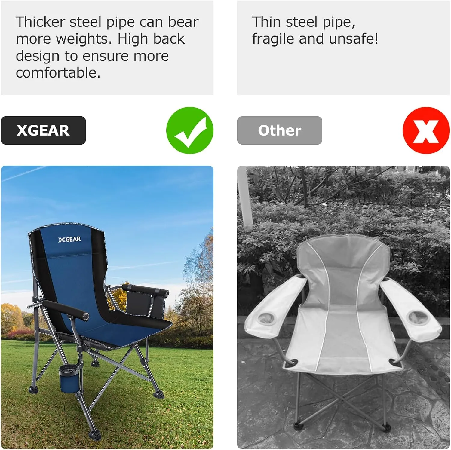 XGEAR Portable Camping Chairs for Adults with Padded Hard Armrest, Sturdy Folding Camping Chair with Cup Holder, Storage Pockets Carry Bag Included, Support to 300 lbs(2PCS/Blue)
