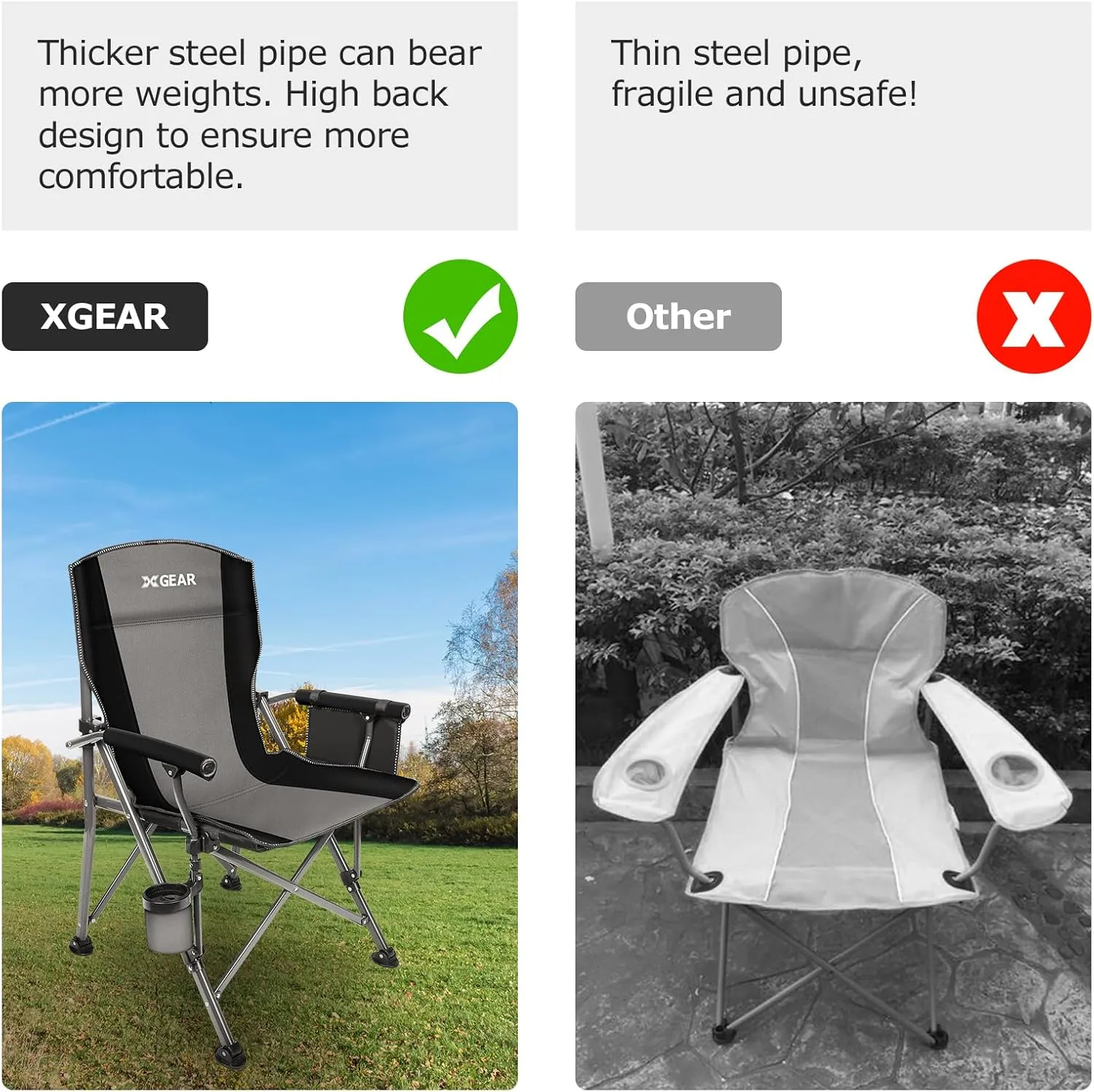 XGEAR Portable Camping Chairs for Adults with Padded Hard Armrest, Sturdy Folding Camping Chair with Cup Holder, Storage Pockets Carry Bag Included, Support to 300 lbs(Grey)