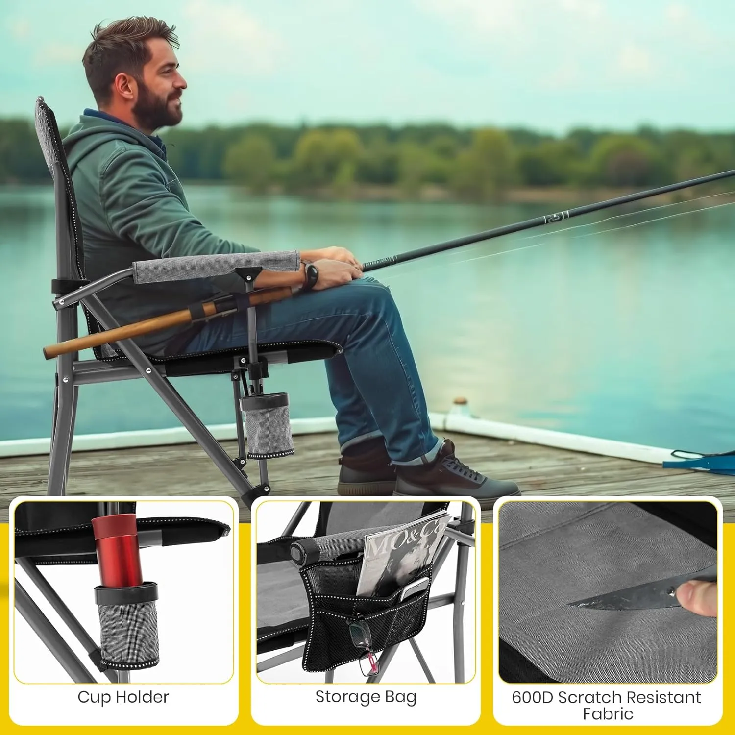 XGEAR Portable Camping Chairs for Adults with Padded Hard Armrest, Sturdy Folding Camping Chair with Cup Holder, Storage Pockets Carry Bag Included, Support to 300 lbs(Grey)