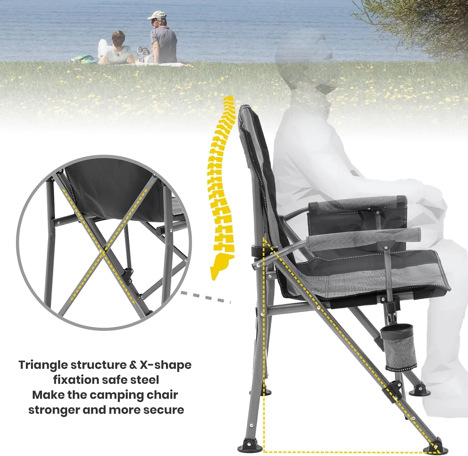 XGEAR Portable Camping Chairs for Adults with Padded Hard Armrest, Sturdy Folding Camping Chair with Cup Holder, Storage Pockets Carry Bag Included, Support to 300 lbs(Grey)