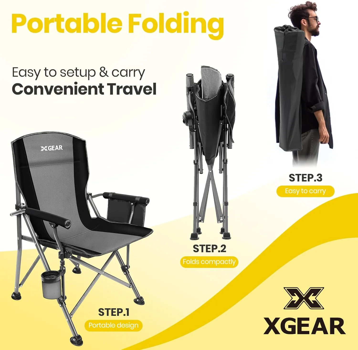 XGEAR Portable Camping Chairs for Adults with Padded Hard Armrest, Sturdy Folding Camping Chair with Cup Holder, Storage Pockets Carry Bag Included, Support to 300 lbs(Grey)