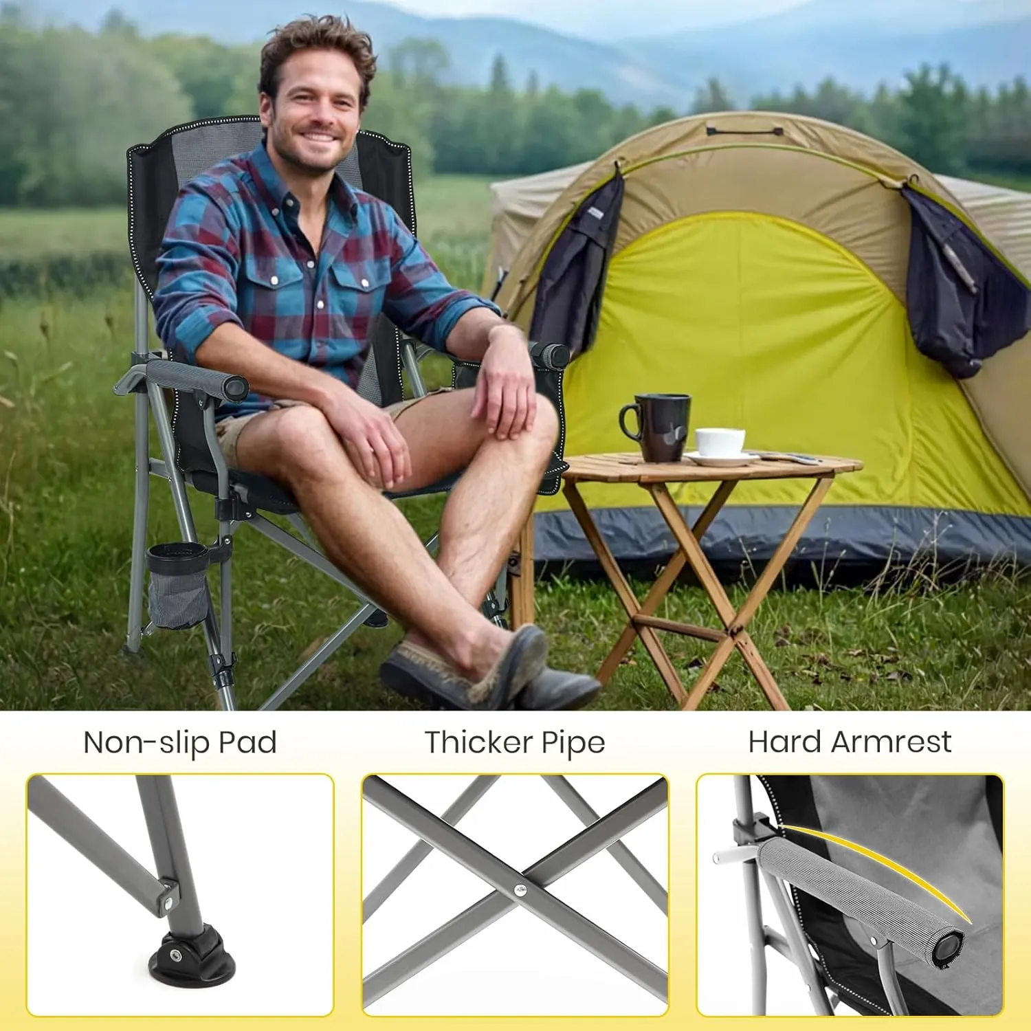 XGEAR Portable Camping Chairs for Adults with Padded Hard Armrest, Sturdy Folding Camping Chair with Cup Holder, Storage Pockets Carry Bag Included, Support to 300 lbs(Grey)