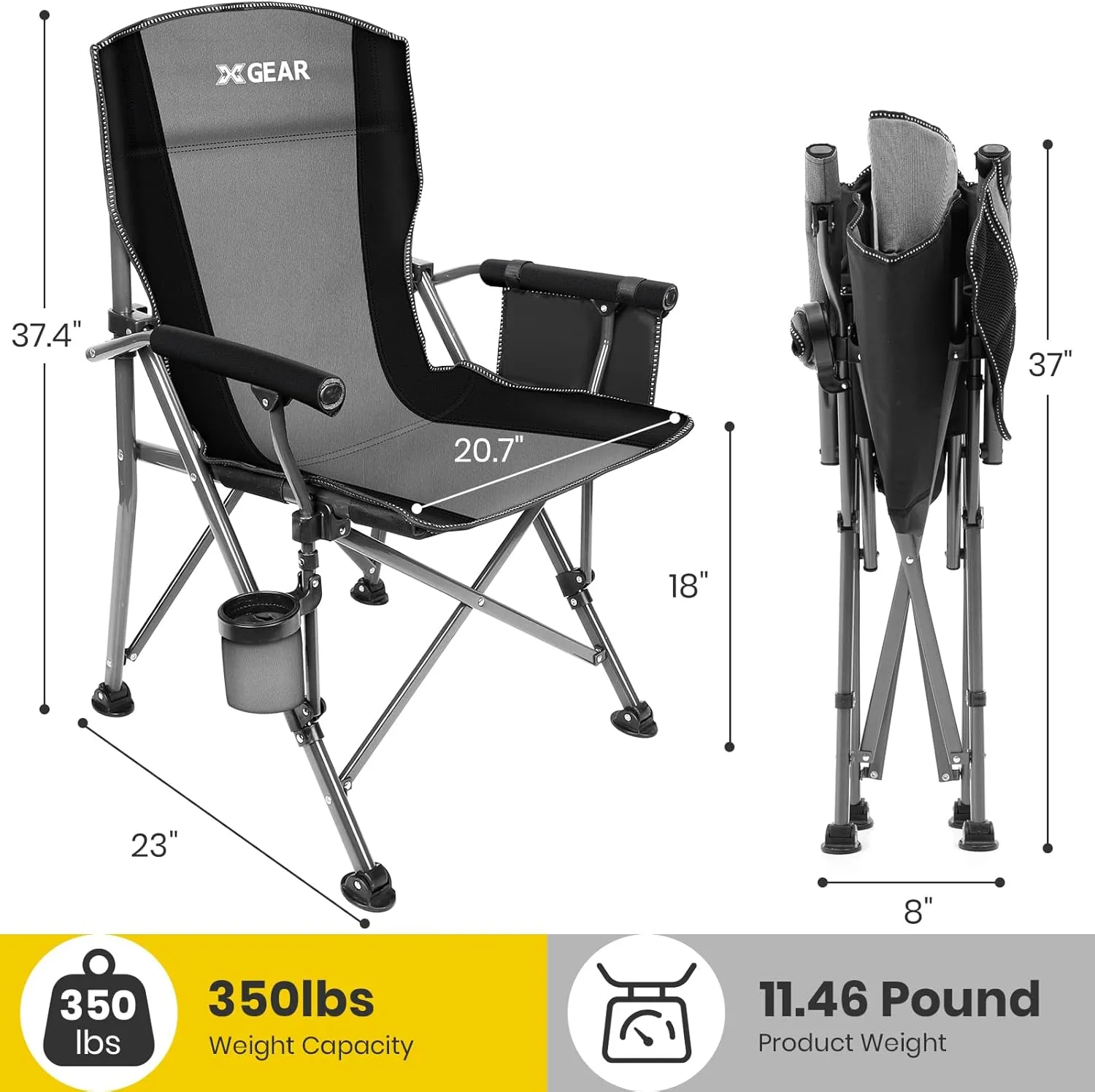 XGEAR Portable Camping Chairs for Adults with Padded Hard Armrest, Sturdy Folding Camping Chair with Cup Holder, Storage Pockets Carry Bag Included, Support to 300 lbs(Grey)