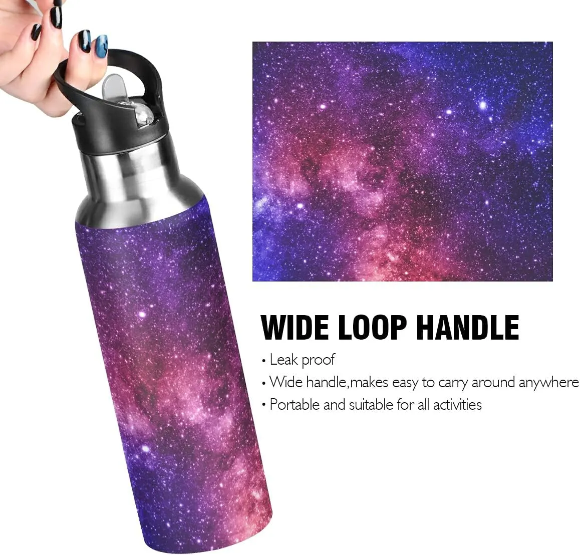 xigua Colorful And Beautiful Galaxy Stainless Steel 600ml Water Bottle Leak-Proof Water Bottle, Suitable for Gym School Children and Adult Drinking Bottles