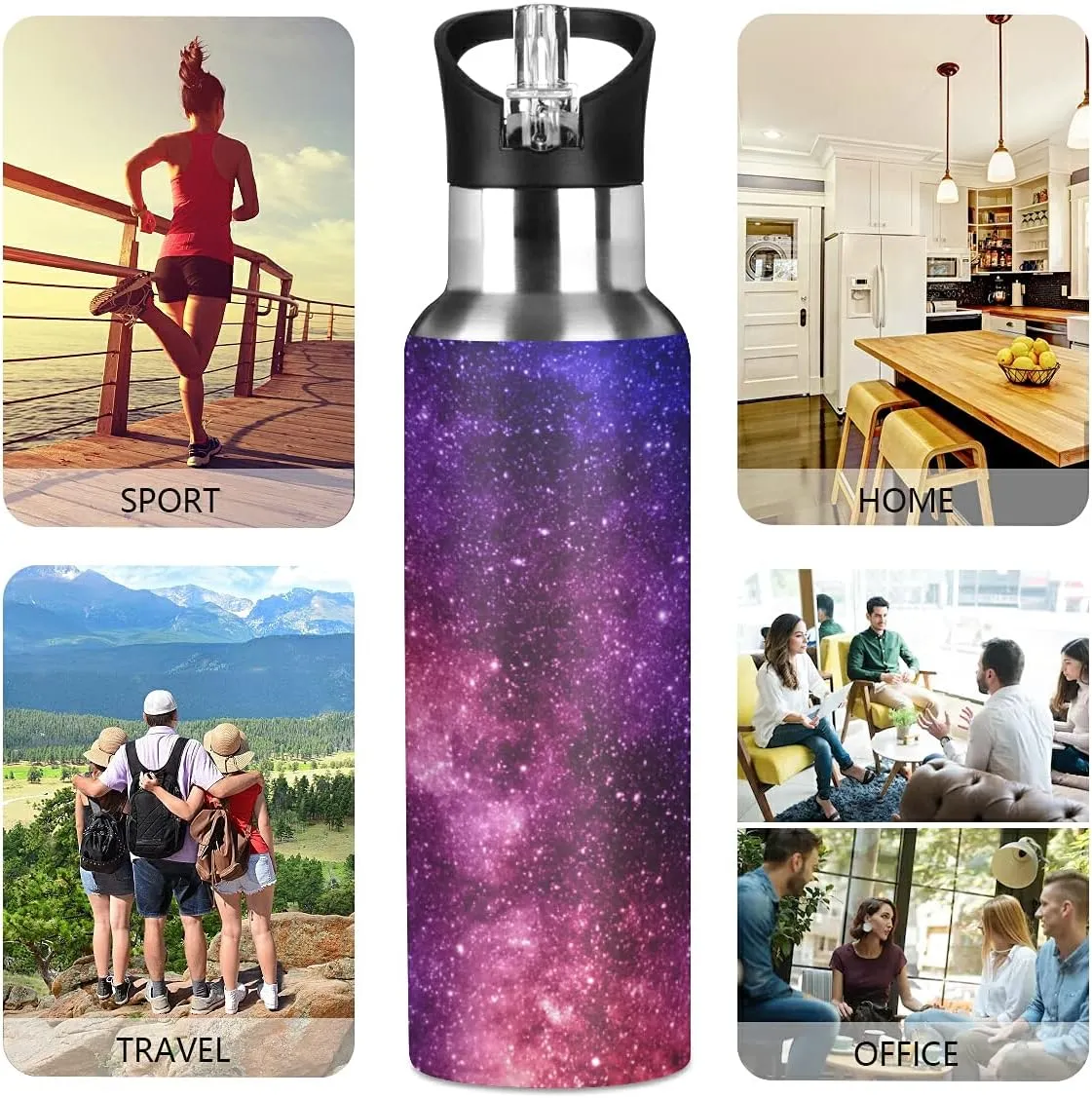 xigua Colorful And Beautiful Galaxy Stainless Steel 600ml Water Bottle Leak-Proof Water Bottle, Suitable for Gym School Children and Adult Drinking Bottles