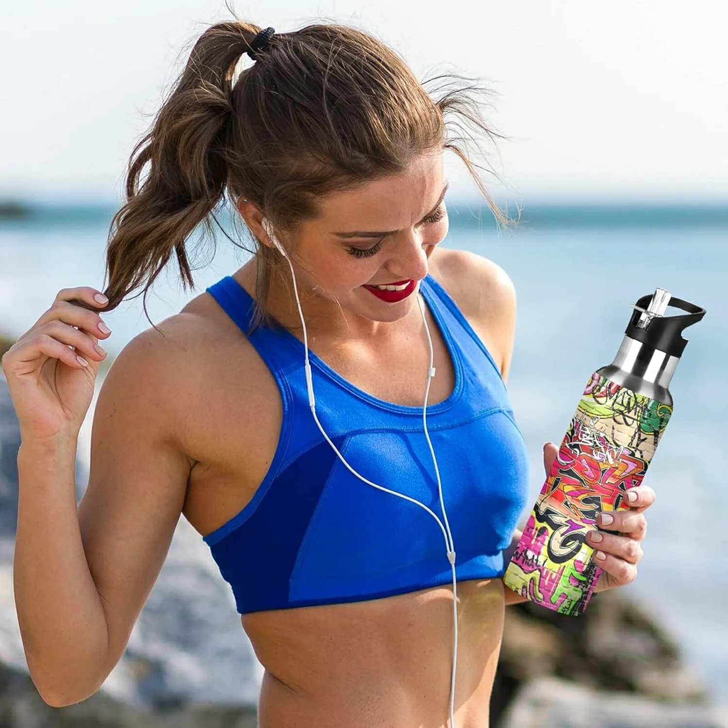 xigua Graffiti Wall Water Bottle, 22oz BPA Free Stainless Steel, Vacuum Insulated, Leak-Proof Straw Lid, Perfect for Hiking, Sports, Gym, Office, Outdoor Activities