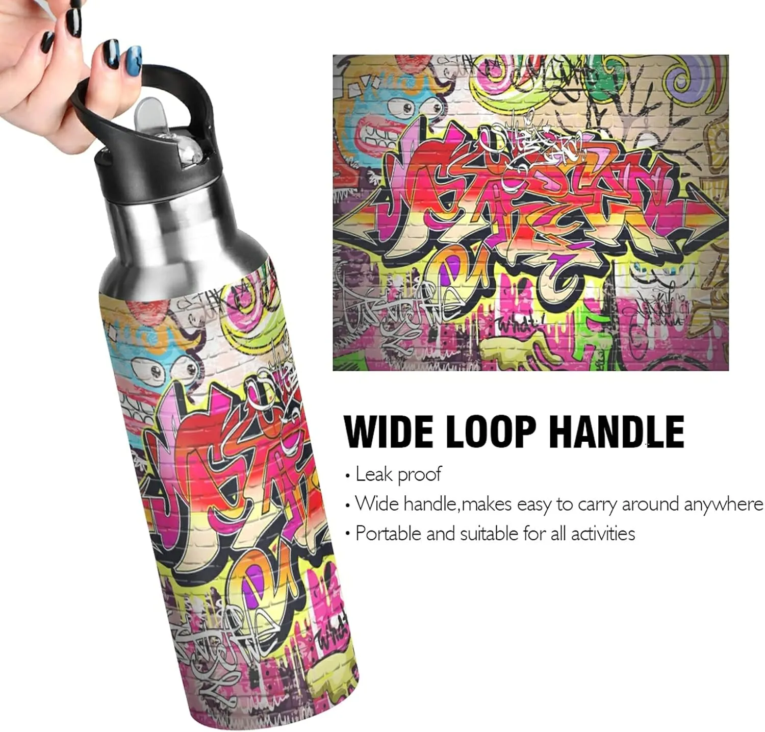 xigua Graffiti Wall Water Bottle, 22oz BPA Free Stainless Steel, Vacuum Insulated, Leak-Proof Straw Lid, Perfect for Hiking, Sports, Gym, Office, Outdoor Activities