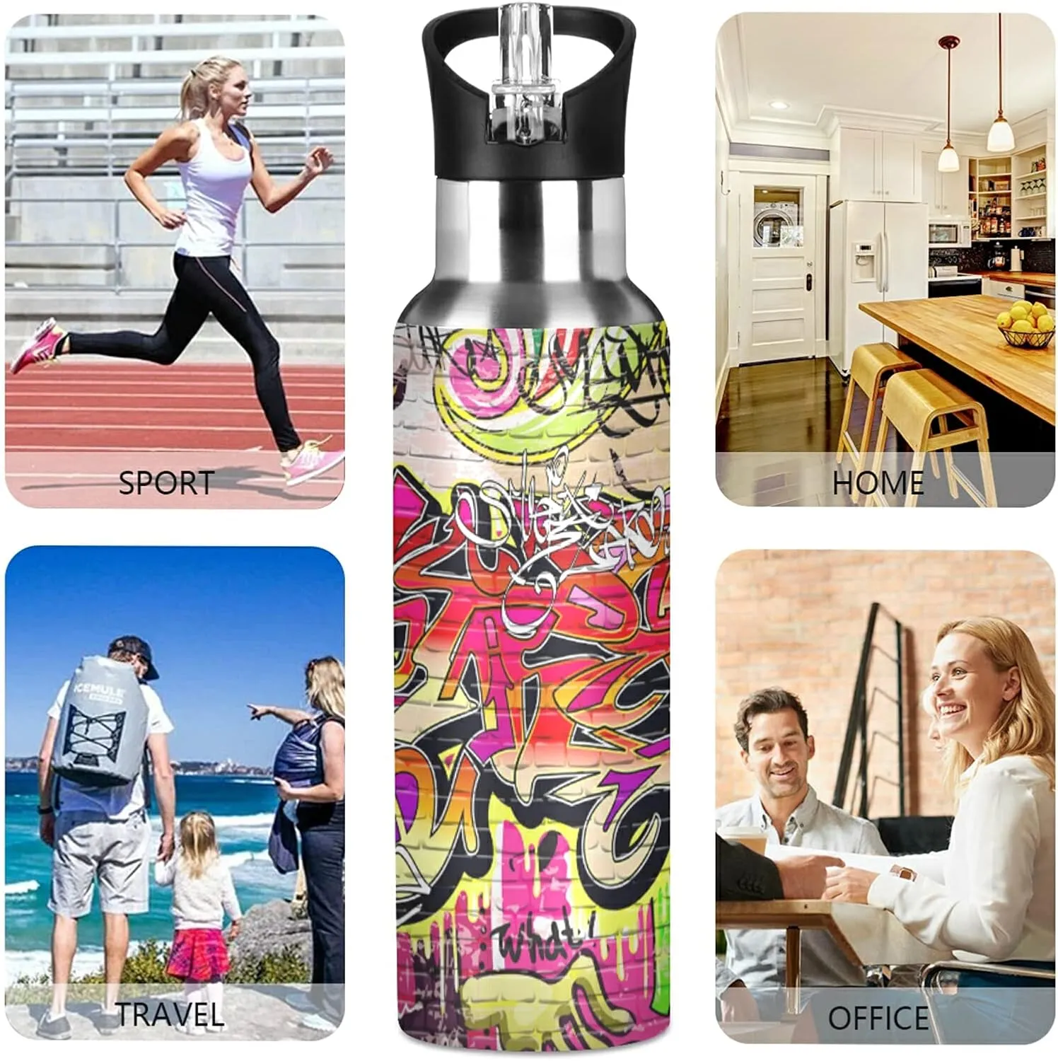 xigua Graffiti Wall Water Bottle, 22oz BPA Free Stainless Steel, Vacuum Insulated, Leak-Proof Straw Lid, Perfect for Hiking, Sports, Gym, Office, Outdoor Activities