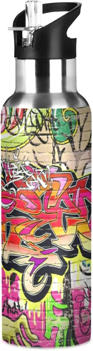 xigua Graffiti Wall Water Bottle, 22oz BPA Free Stainless Steel, Vacuum Insulated, Leak-Proof Straw Lid, Perfect for Hiking, Sports, Gym, Office, Outdoor Activities