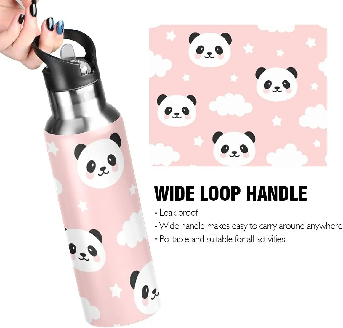 xigua Kid Panda Stainless Steel 600ml Water Bottle Leak-Proof Water Bottle, Suitable for Gym School Children and Adult Drinking Bottles