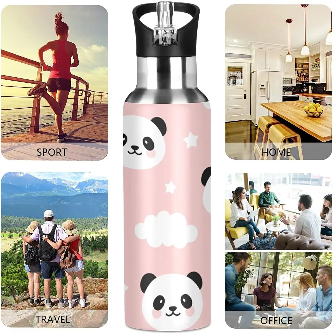 xigua Kid Panda Stainless Steel 600ml Water Bottle Leak-Proof Water Bottle, Suitable for Gym School Children and Adult Drinking Bottles
