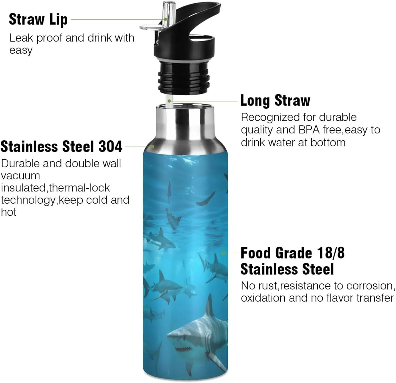 xigua Sea Shark Stainless Steel 600ml Water Bottle Leak-Proof Water Bottle, Suitable for Gym School Children and Adult Drinking Bottles