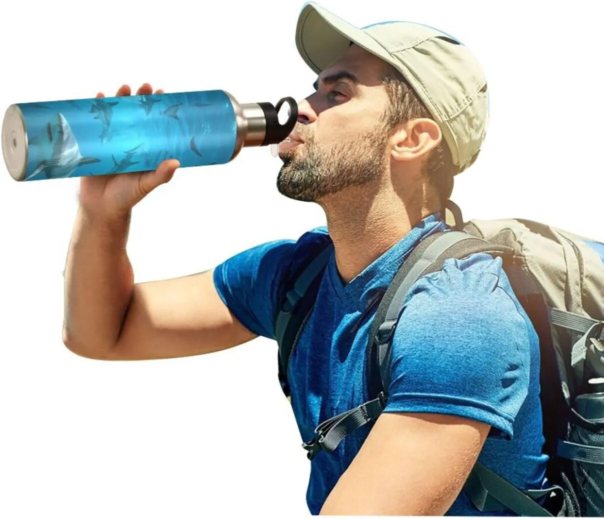 xigua Sea Shark Stainless Steel 600ml Water Bottle Leak-Proof Water Bottle, Suitable for Gym School Children and Adult Drinking Bottles