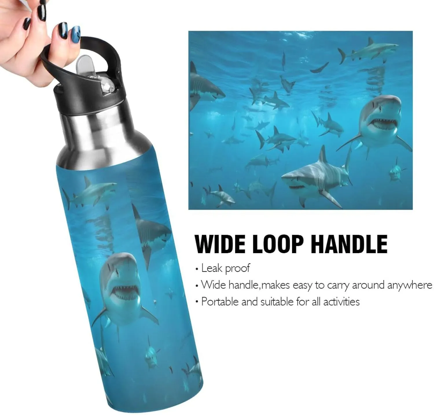 xigua Sea Shark Stainless Steel 600ml Water Bottle Leak-Proof Water Bottle, Suitable for Gym School Children and Adult Drinking Bottles