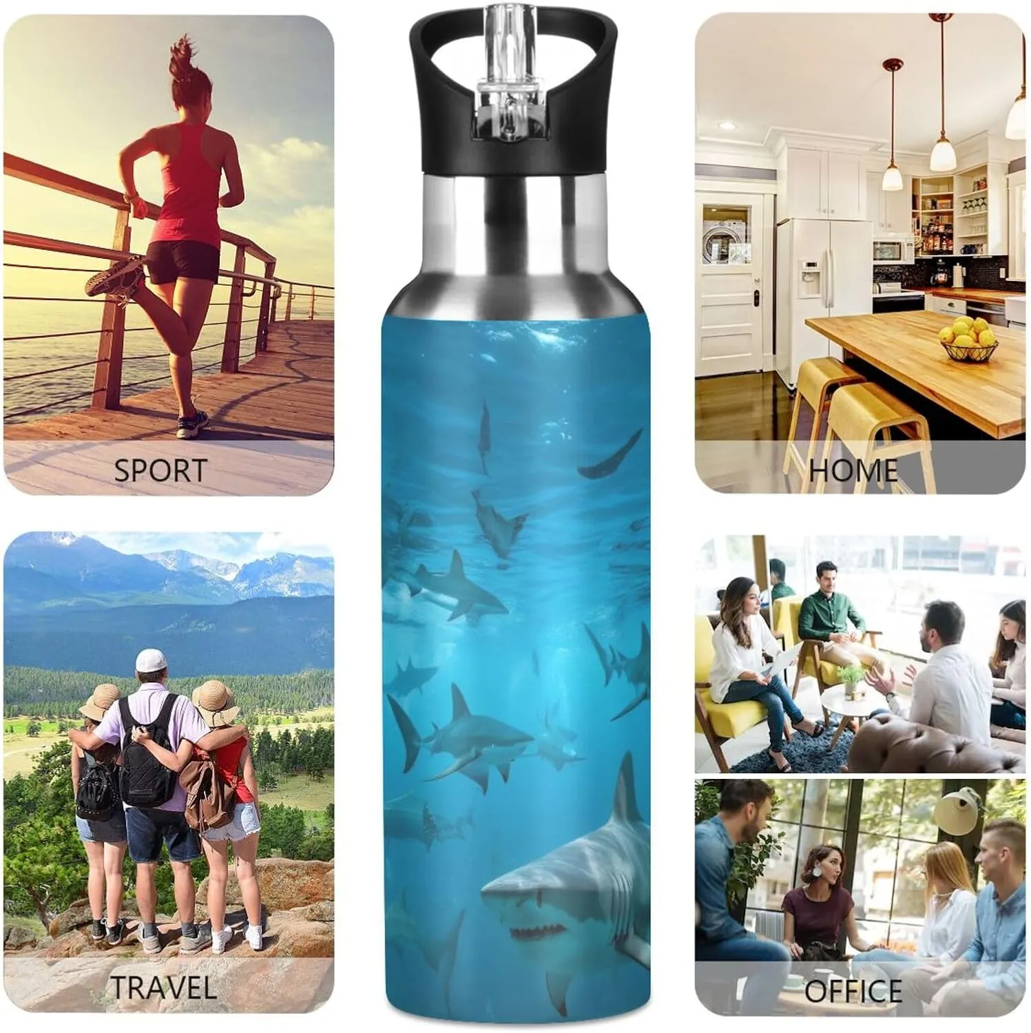 xigua Sea Shark Stainless Steel 600ml Water Bottle Leak-Proof Water Bottle, Suitable for Gym School Children and Adult Drinking Bottles
