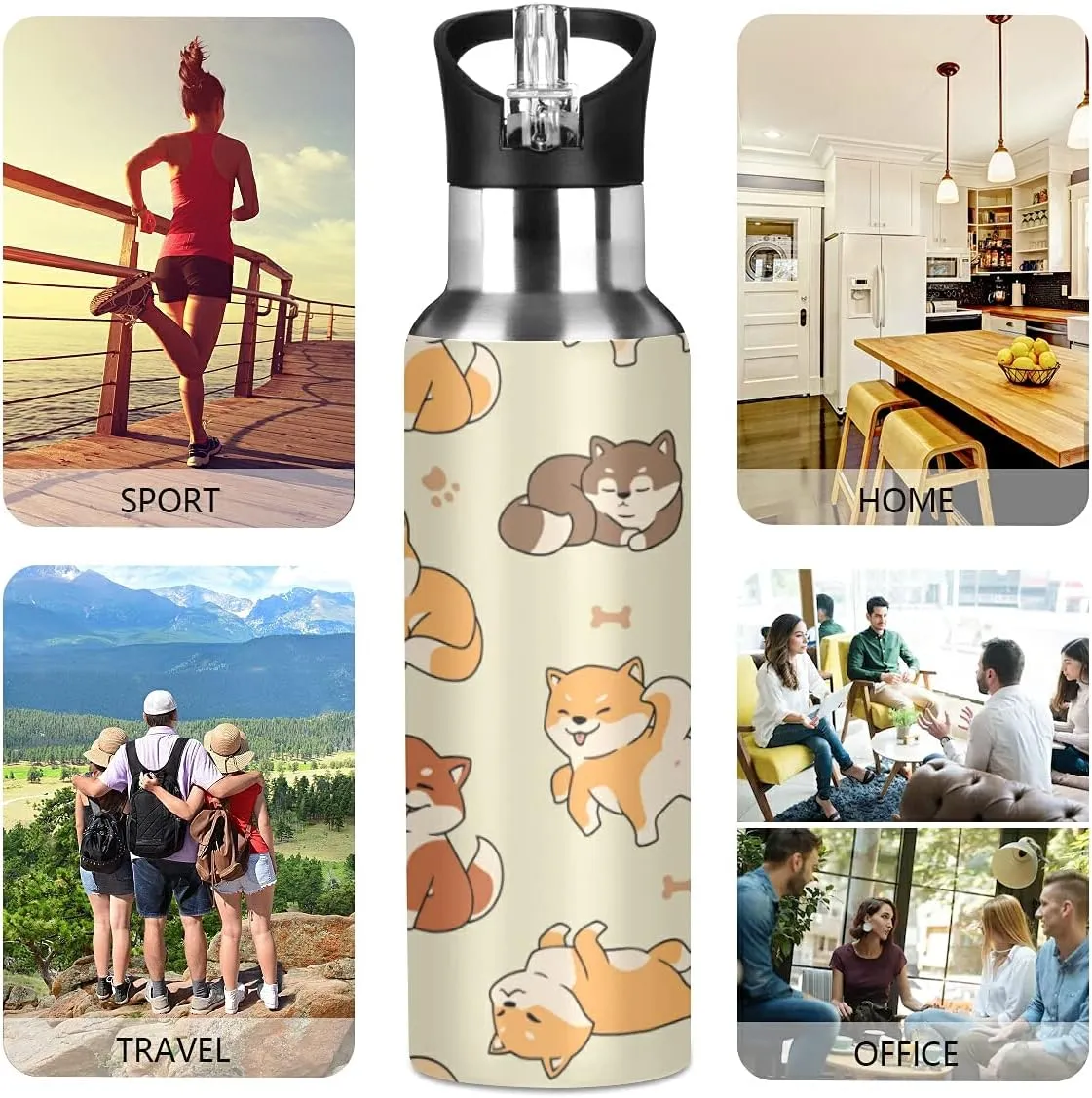 xigua Shiba Inu Stainless Steel 600ml Water Bottle Leak-Proof Water Bottle, Suitable for Gym School Children and Adult Drinking Bottles