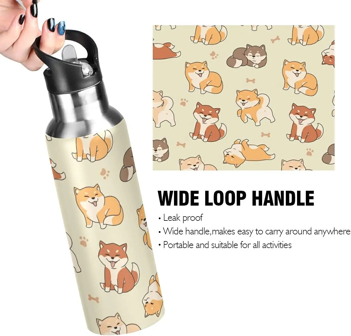 xigua Shiba Inu Stainless Steel 600ml Water Bottle Leak-Proof Water Bottle, Suitable for Gym School Children and Adult Drinking Bottles