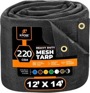 Xpose Safety Heavy Duty Mesh Tarp – 12’ x 14’ Multipurpose Black Protective Cover with Air Flow - Use for Tie Downs, Shade, Fences, Canopies, Dump Trucks – Tear Resistant