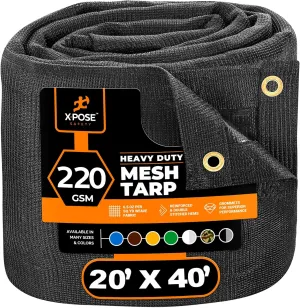 Xpose Safety Heavy Duty Mesh Tarp – 20' x 40' Multipurpose Black Protective Cover with Air Flow - Use for Tie Downs, Shade, Fences, Canopies, Dump Trucks – Weather and Tear Resistant