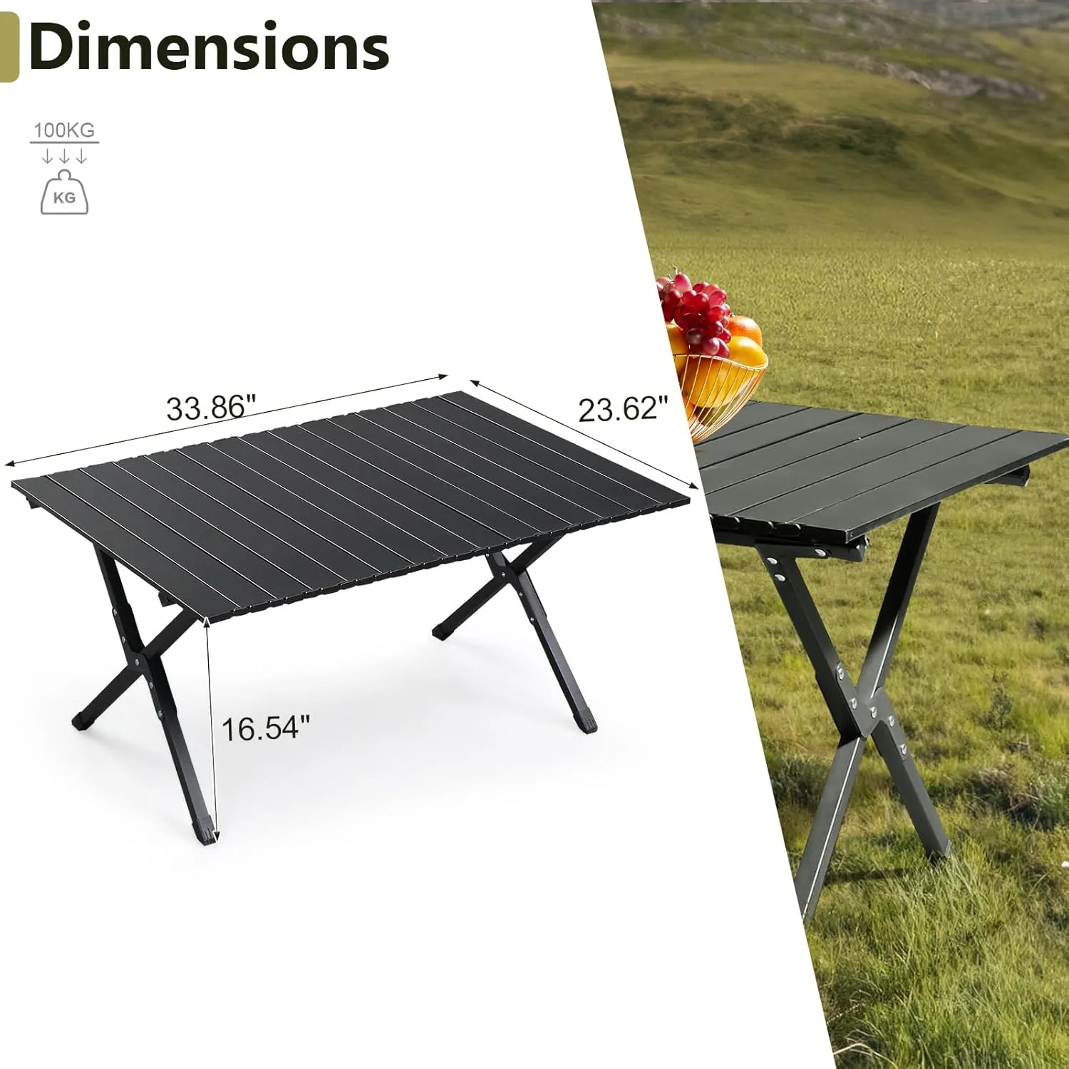 Y1LA Camping Table, Portable Folding Camp Table,Portable Picnic Table,Heavy-Duty Roll-Top for Camping,Travel Hiking Backyard BBQ Party,Black (34'' x 24'' 17'')