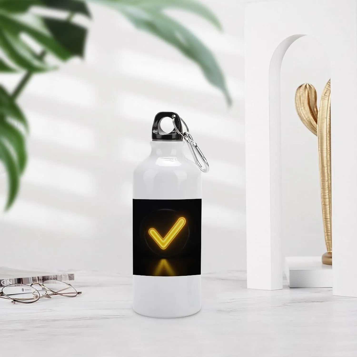 Yellow Glowing Checkmark Travel Aluminum Water Bottle,minimal Sport Bottle with Twist Cap Buckle for Men Women Camping Hiking 600ml