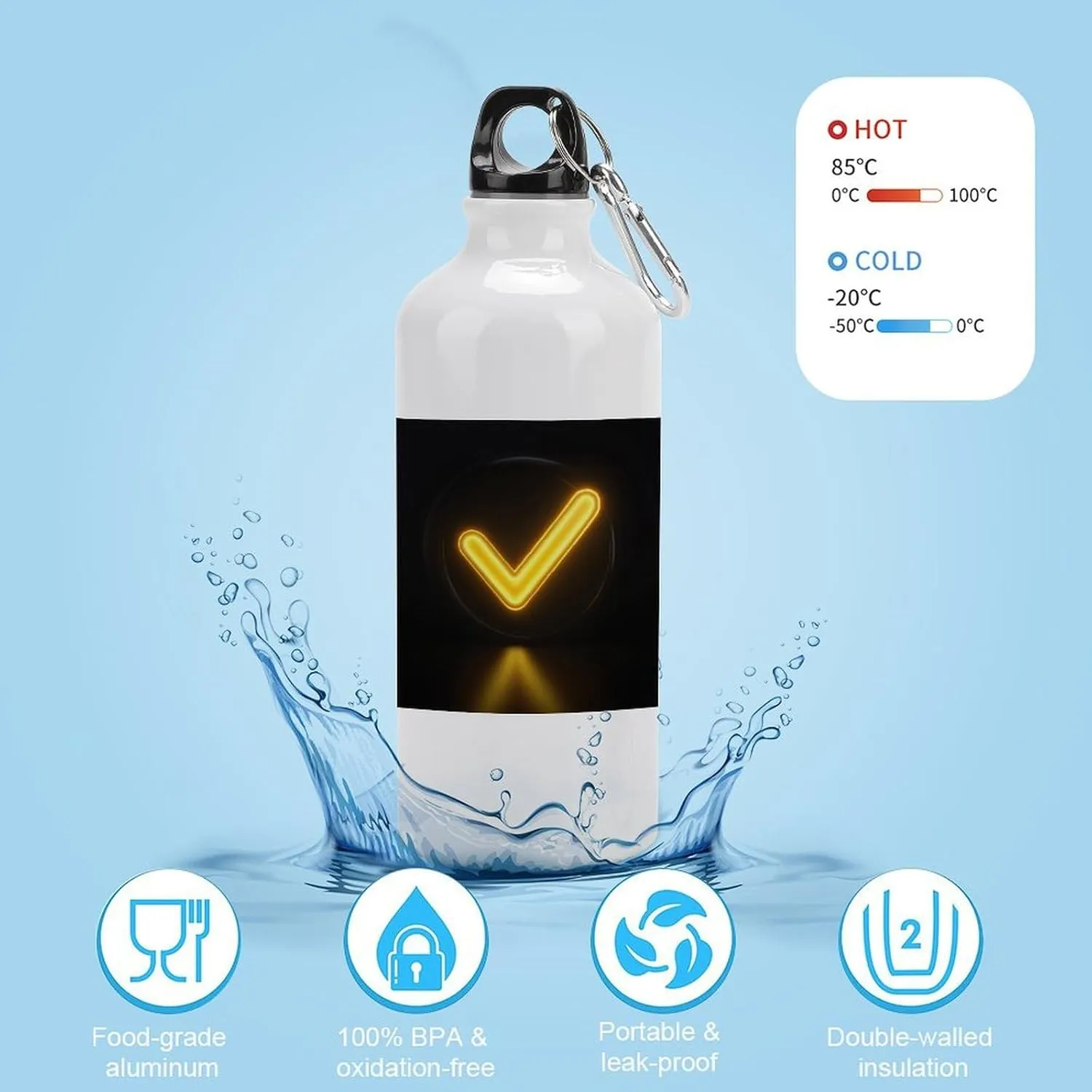 Yellow Glowing Checkmark Travel Aluminum Water Bottle,minimal Sport Bottle with Twist Cap Buckle for Men Women Camping Hiking 600ml