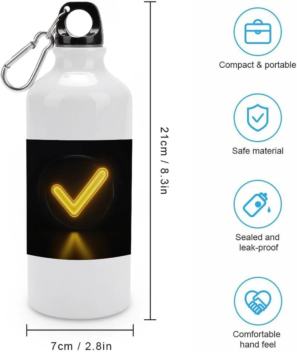 Yellow Glowing Checkmark Travel Aluminum Water Bottle,minimal Sport Bottle with Twist Cap Buckle for Men Women Camping Hiking 600ml