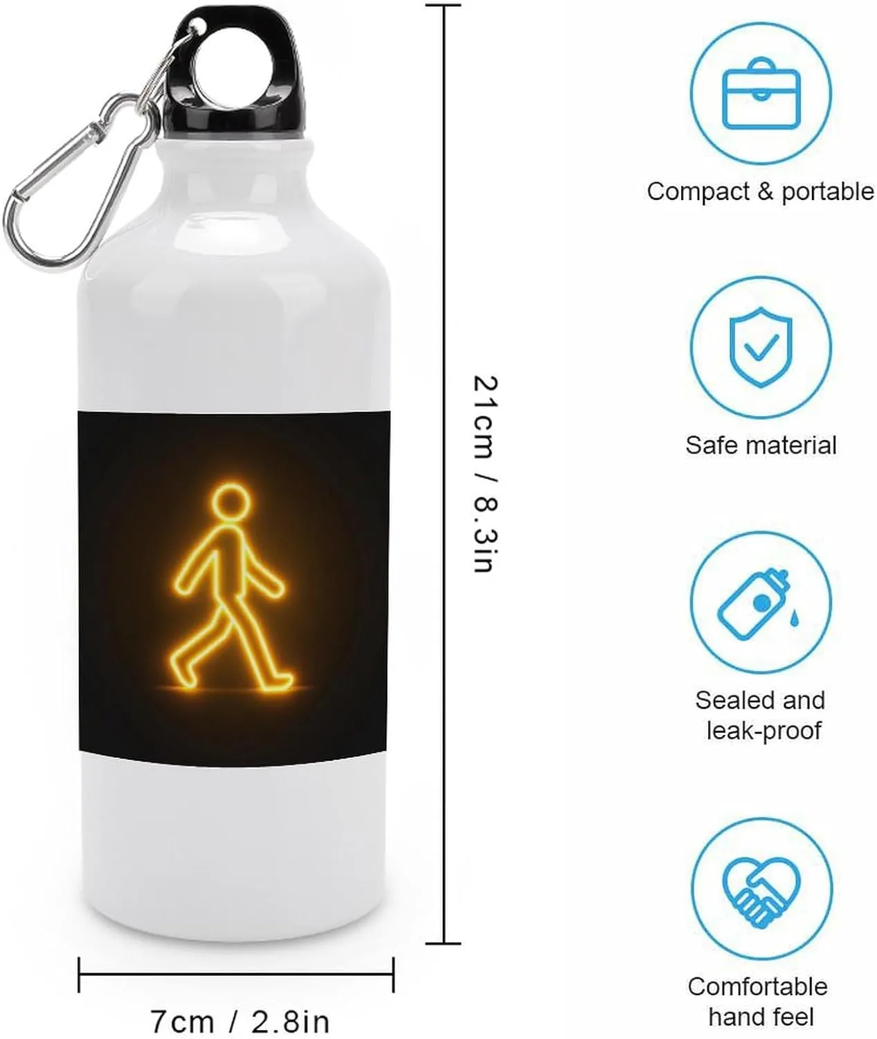Yellow Glowing Person Walking Travel Aluminum Water Bottle,minimal Sport Bottle with Twist Cap Buckle for Men Women Camping Hiking 600ml