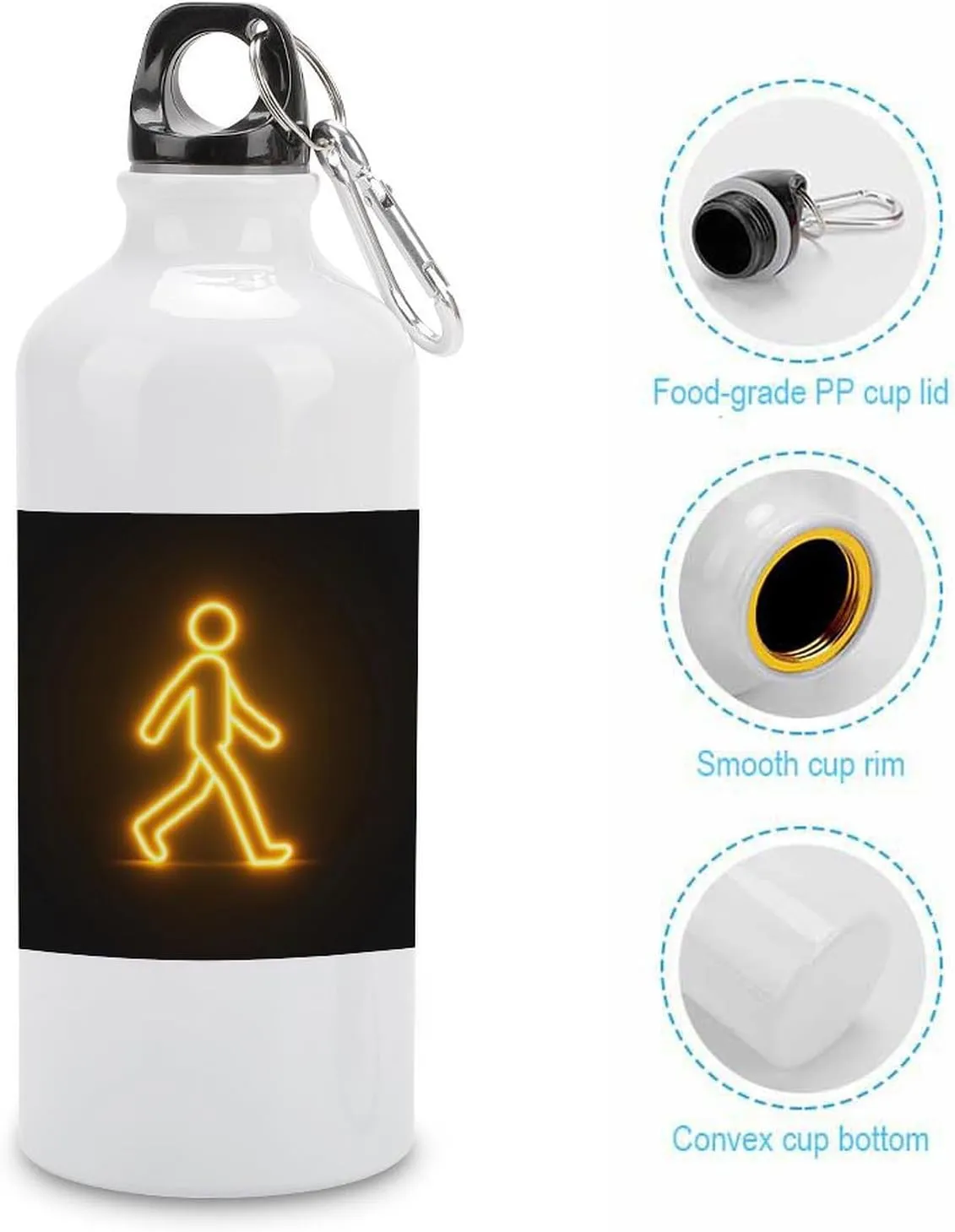 Yellow Glowing Person Walking Travel Aluminum Water Bottle,minimal Sport Bottle with Twist Cap Buckle for Men Women Camping Hiking 600ml