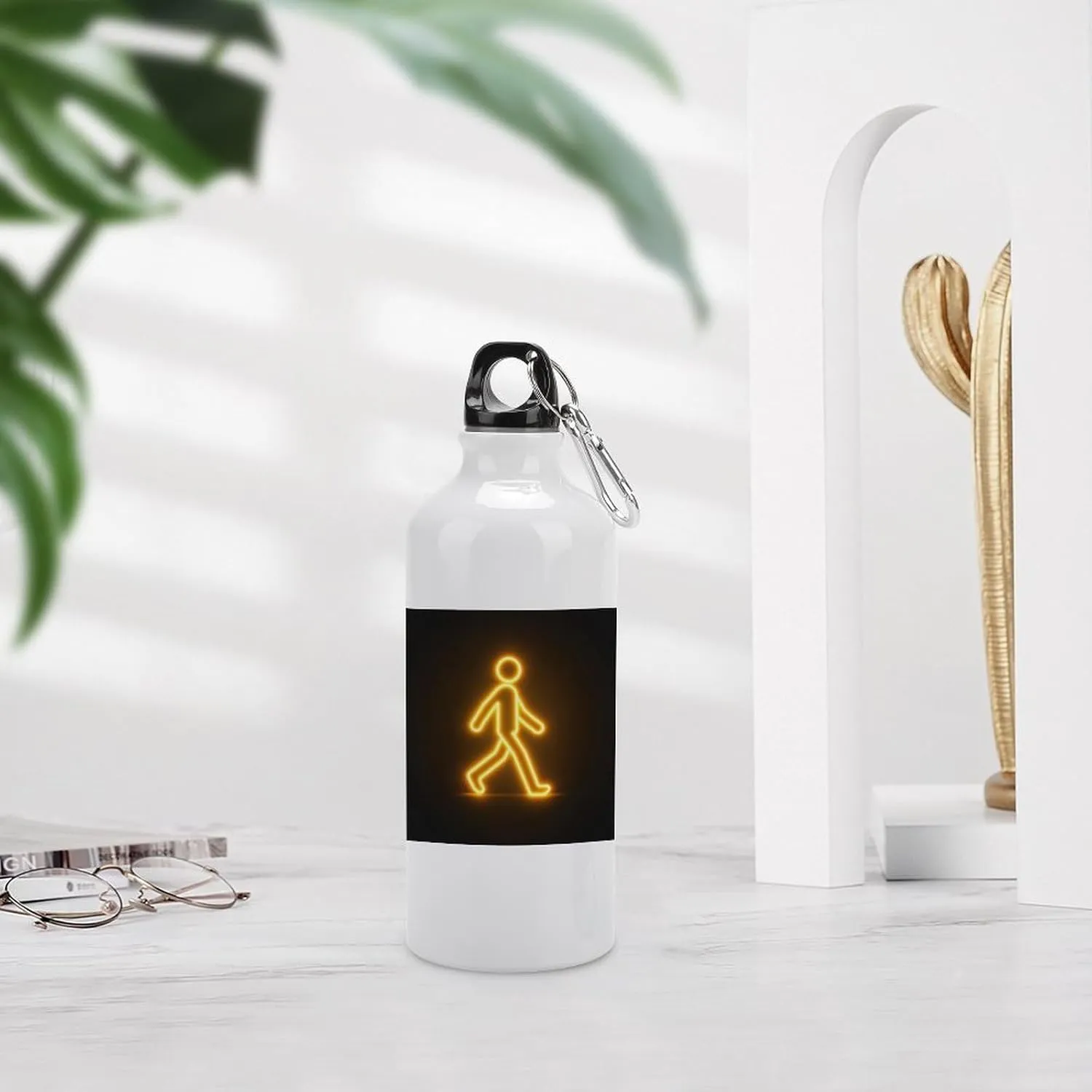 Yellow Glowing Person Walking Travel Aluminum Water Bottle,minimal Sport Bottle with Twist Cap Buckle for Men Women Camping Hiking 600ml