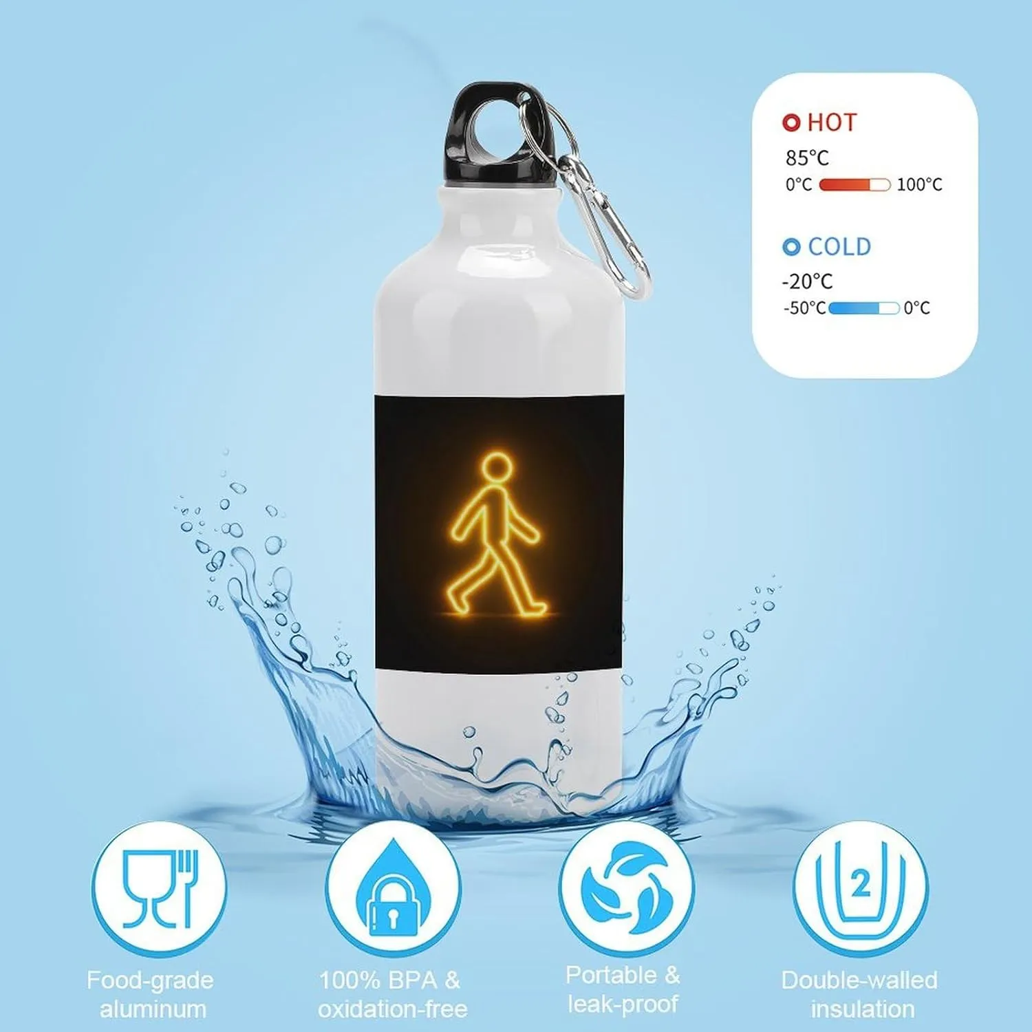 Yellow Glowing Person Walking Travel Aluminum Water Bottle,minimal Sport Bottle with Twist Cap Buckle for Men Women Camping Hiking 600ml