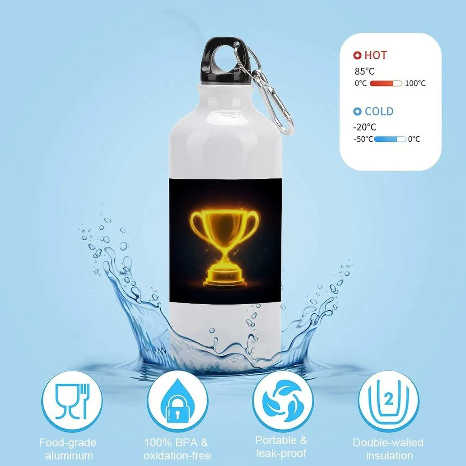 Yellow Glowing Winning Travel Aluminum Water Bottle,minimal Sport Bottle with Twist Cap Buckle for Men Women Camping Hiking 600ml