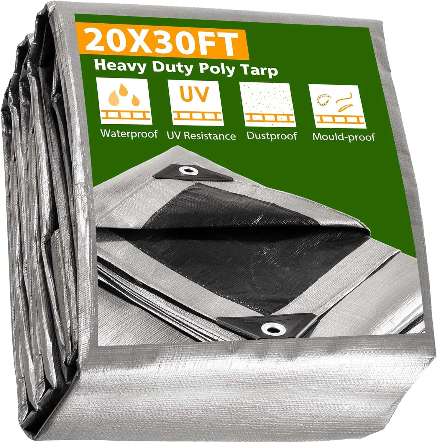 Yescom 20x30ft Heavy Duty Reinforced Poly Tarp Waterproof Tarpaulin 10-mil Ground Sheet Camping Tent Cover with Eyelets Reversible Silver Black Tarps