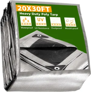 Yescom 20x30ft Heavy Duty Reinforced Poly Tarp Waterproof Tarpaulin 10-mil Ground Sheet Camping Tent Cover with Eyelets Reversible Silver Black Tarps