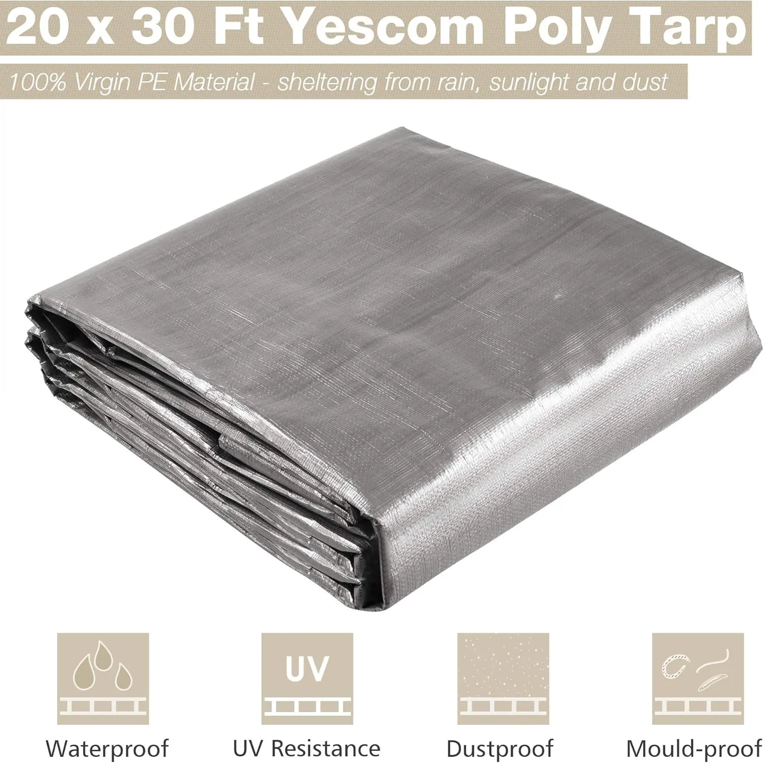 Yescom 20x30ft Heavy Duty Reinforced Poly Tarp Waterproof Tarpaulin 10-mil Ground Sheet Camping Tent Cover with Eyelets Reversible Silver Black Tarps